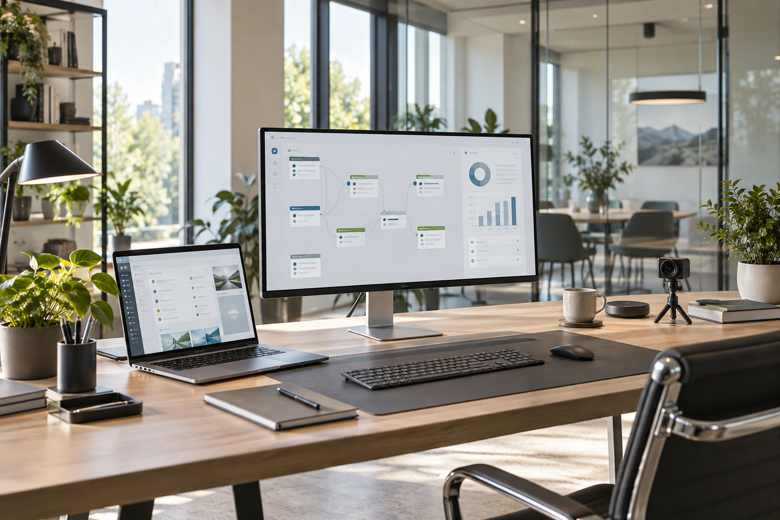Digitaler Arbeitsplatz mit vernetzten Abläufen und Videotechnik – Visualisierung